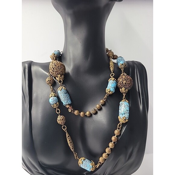 Vintage Boho Brass Filigree Necklace Blue Stone Beads Artisan Tribal Style Flaw - Picture 3 of 13